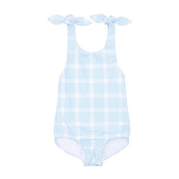 MINNOW Girl's Sunwashed Blue and White Plaid Tie Knot One Piece size 1 12 months - Picture 1 of 13